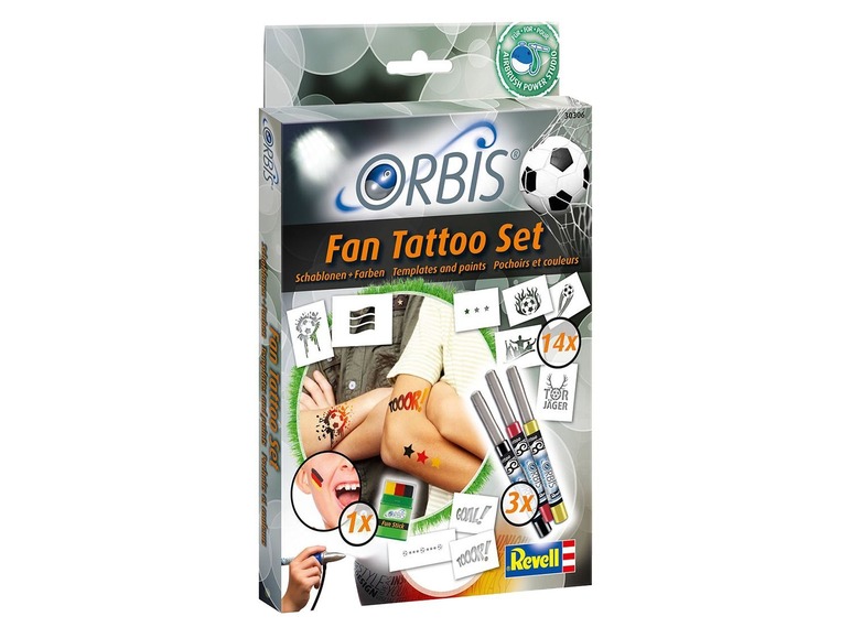 Gehe zu Vollbildansicht: Revell ORBIS Tattoo-Schablonen »Fan Tattoo Set«, 14 Stück, mehrfach verwendbar, abwaschbar - Bild 1