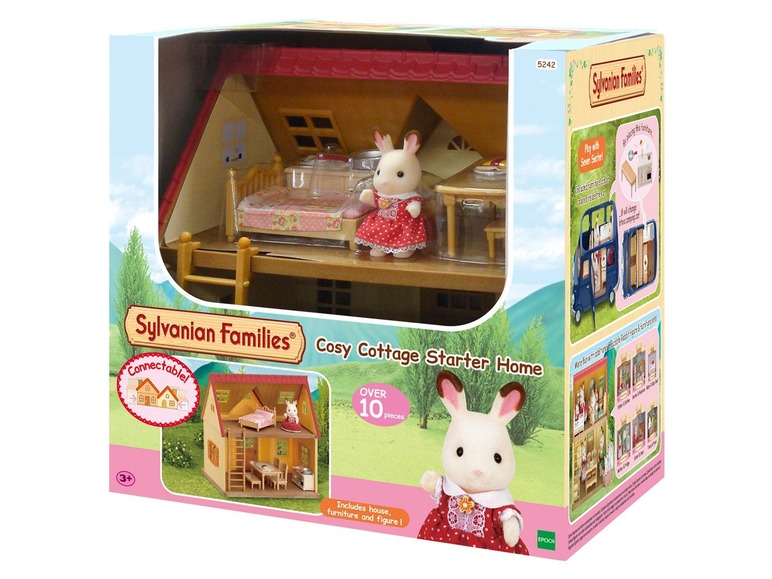 Ein Sylvanian Families Starter-Set mit einem Haus, Möbeln und einer Kaninchenfigur.