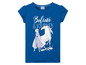 Ein blaues T-Shirt mit Elsa aus Frozen und ihrem Pferd.