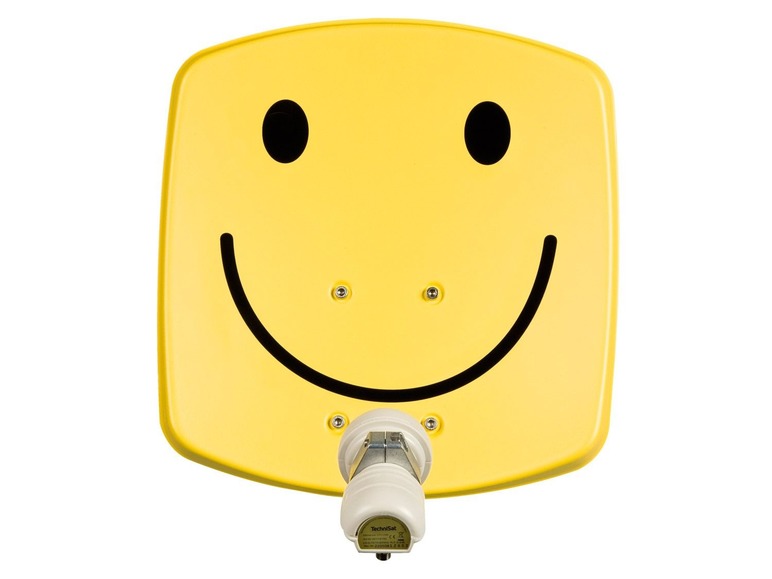 Eine gelbe Satellitenschüssel mit einem Smiley, der Marke TechniSat.