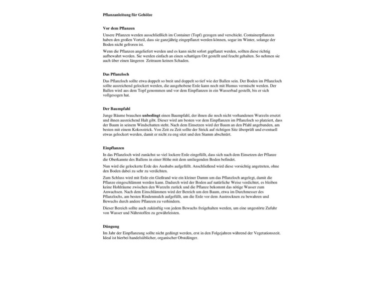 Anleitung zum Pflanzen von Sträuchern, inklusive Tipps zu Pflanzlöchern und der Verwendung eines Baumpfahls.