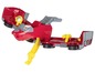 Rotes Spielzeugfahrzeug, das sich von einem Auto in ein Flugzeug verwandelt.