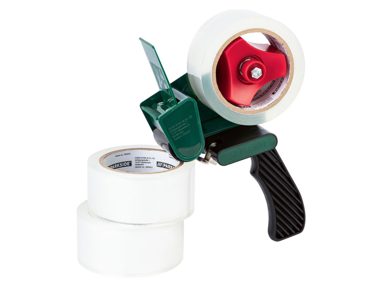 Ein grüner Klebebandspender mit zwei Rollen Parkside Klebeband.