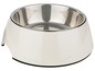 Eine weiße Hunde- oder Katzenfutter Schüssel mit Edelstahl-Innenfutter.