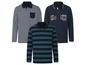 Drei Langarm-Polos von Livergy: grau, dunkelblau mit Print und blau-grün gestreift.