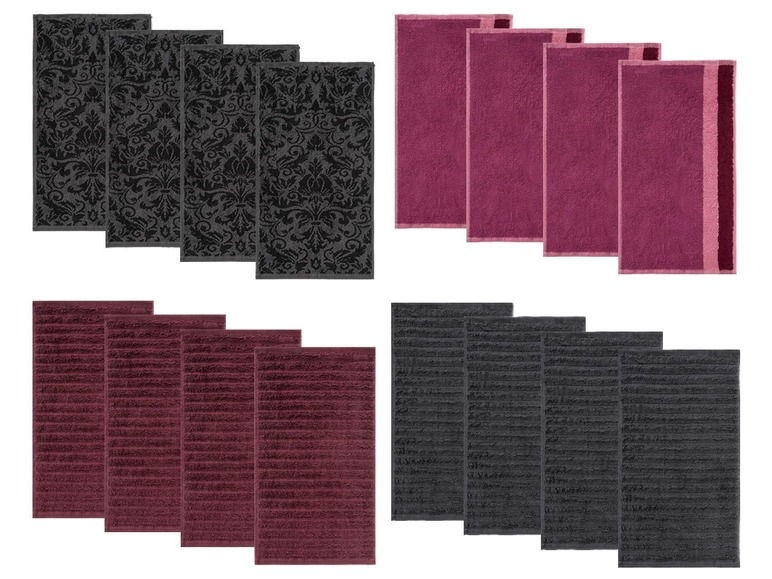Schwarze und rosafarbene Handtücher mit verschiedenen Mustern.