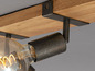 Eine Holz-Deckenleuchte mit Metall-Armaturen und Glühbirnen.