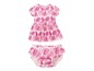 Ein rosa Kleid und eine Windelhose mit Palmblatt-Muster.