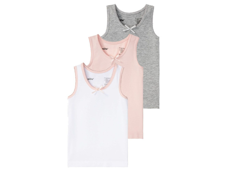 Drei Pilu Tanktops für Mädchen, weiß, rosa und grau.
