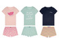Drei Pyjama-Sets mit Wassermelonen-, Blumen- und Streifenmuster.