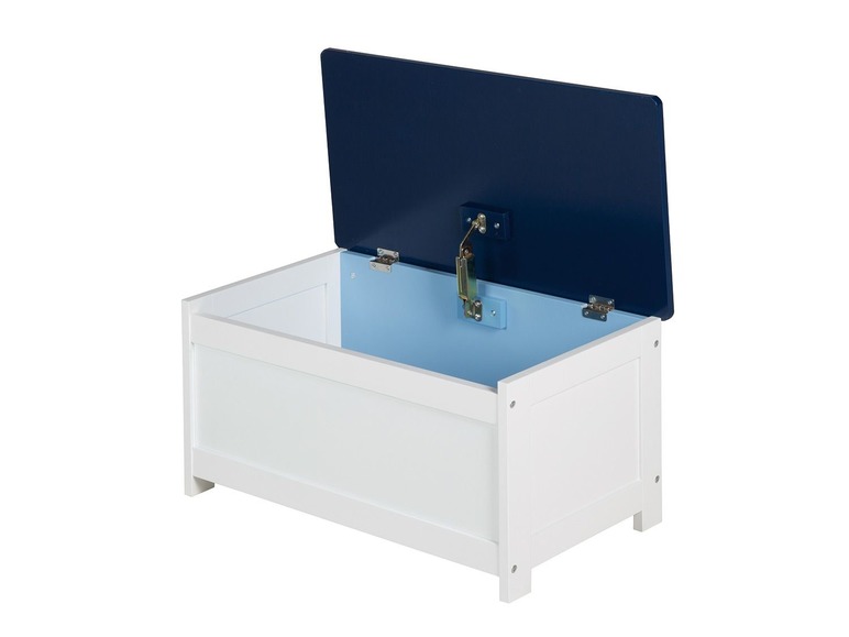 Weiße Holzspielzeugkiste mit blauem Deckel.