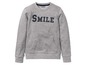 Ein grauer Pullover mit Kapuze und dem Schriftzug 'SMILE'