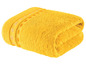 Ein gelbes Handtuch, gefaltet mit einem gestickten Rand.