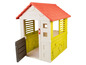 Ein gelbes und rotes Plastikspielhaus der Marke Smoby.