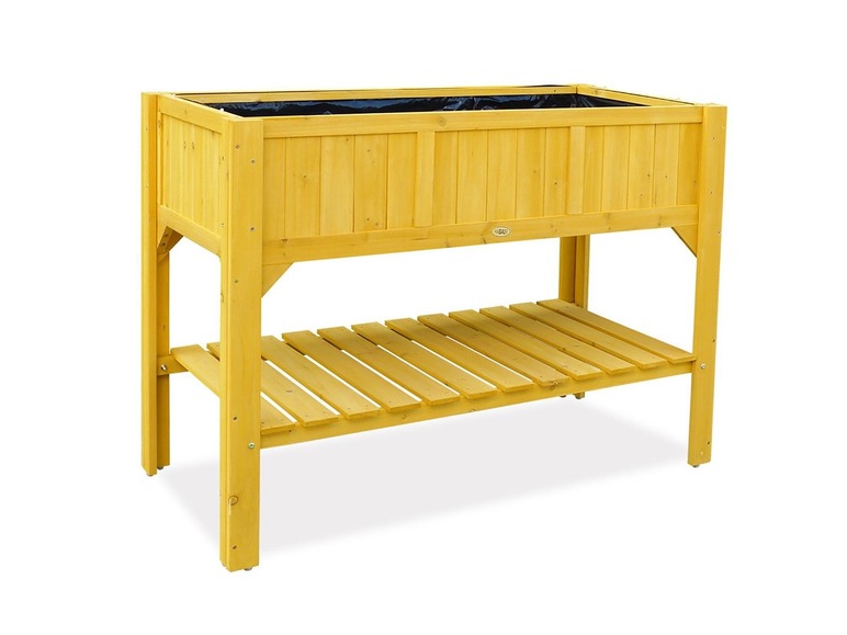 Ein hölzerner Pflanzenkasten mit einem zusätzlichen Regal zum Verstauen.