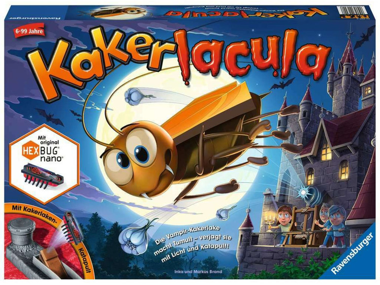 Die Spielschachtel von Kakerlacula mit einer großen Kakerlake und einem Schloss.