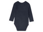 Ein dunkelblauer Baby-Body mit langen Ärmeln.