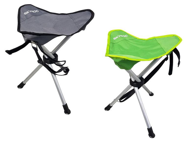 Zwei Skyroc Klapphocker, ein grauer und ein grüner.