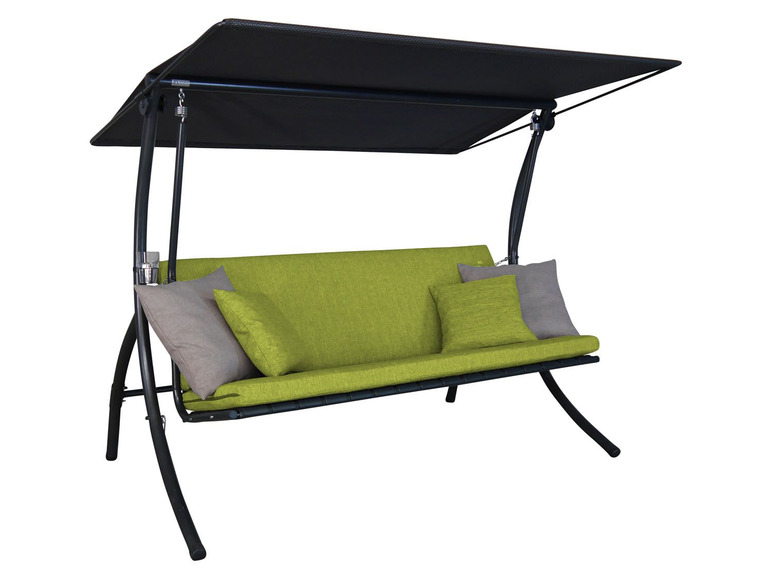 Eine grüne Hängematte mit schwarzem Sonnenschutz