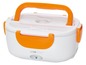 Eine weiße Lunchbox mit orangefarbenem Griff und dem Clactronic-Logo.