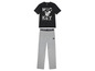 Ein schwarzes Mickey Mouse T-Shirt und graue Jogginghose.