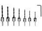 Ein Satz mit sieben Bohrer in verschiedenen Größen und einem Inbusschlüssel.