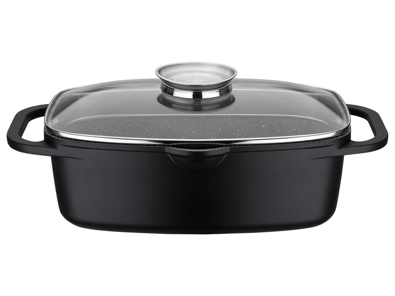 Ein schwarzer Gusseisentopf mit Glasdeckel.