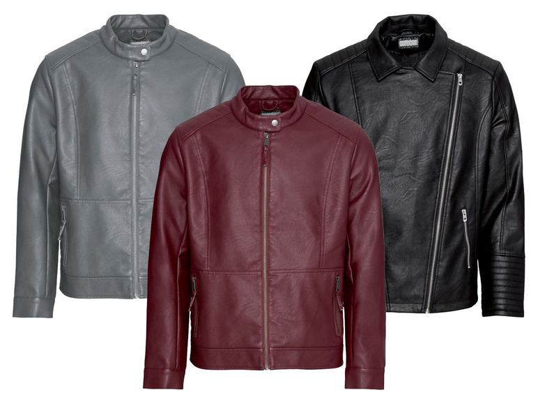 Drei Lederjacken in Grau, Rot und Schwarz.