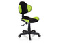 Ein schwarzer und grüner Bürostuhl mit Rollen.