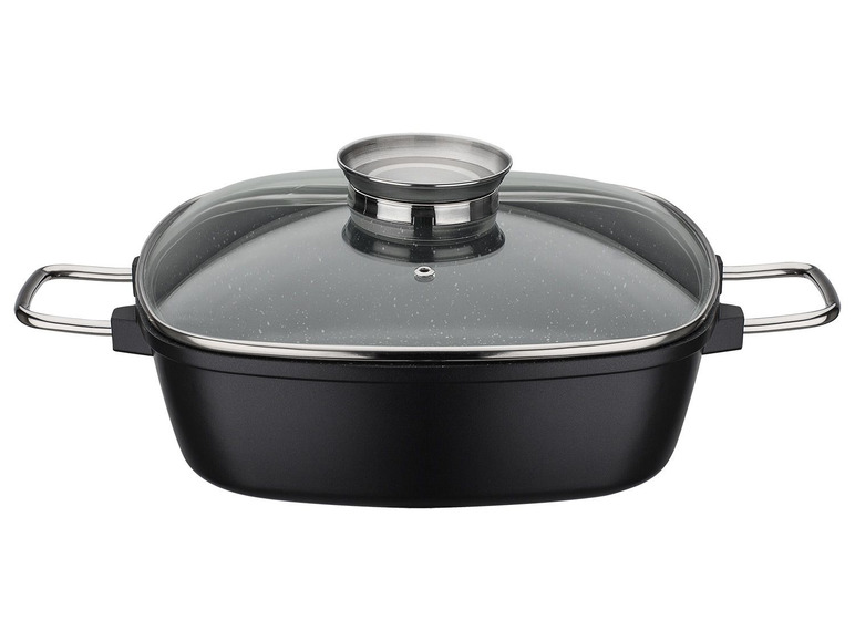 Ein schwarzer Topf mit Glasdeckel.