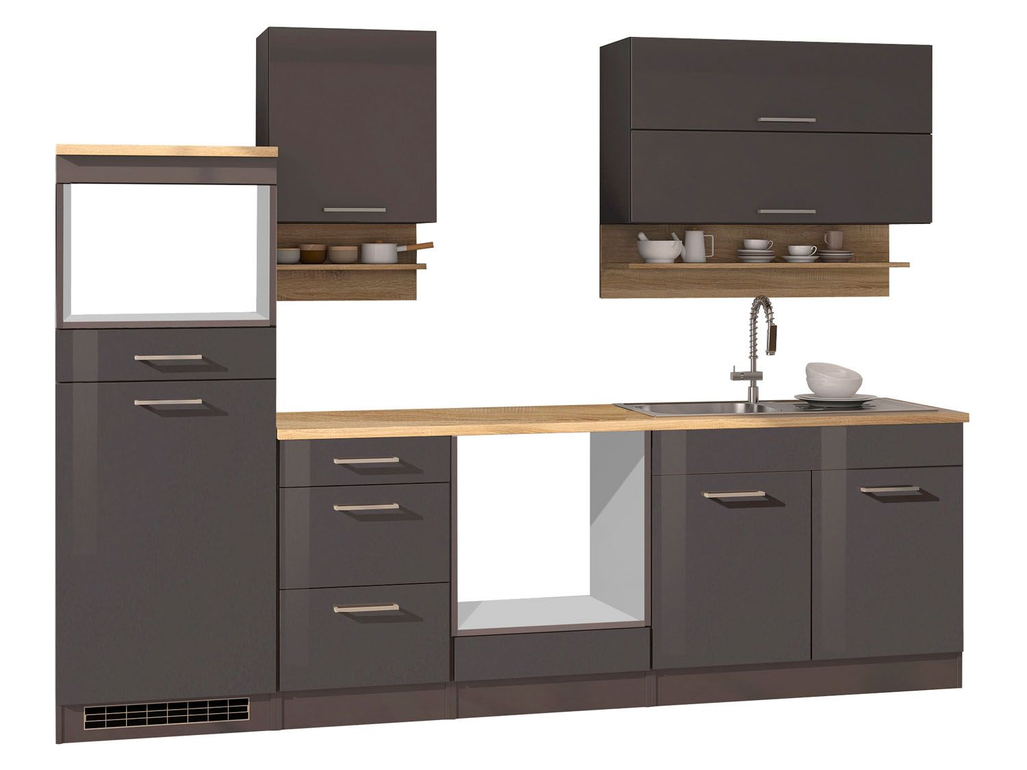 HELD Küchenzeile Mailand 220-390cm (ohne E-Geräte, Hochglanz-grau/eiche sonoma, 270 cm) | 04251639434483