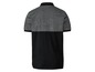 Ein grau-schwarzes Poloshirt mit kurzen Ärmeln.