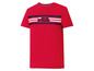 Rotes T-Shirt mit Fila-Logo und blauen Streifen.