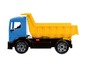 Ein blauer Spielzeug-LKW mit gelber Kippladefläche.