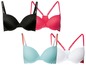 Vier BHs in Schwarz, Rosa, Blau und Weiß mit 'Sunshine'-Trägern.