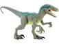 Eine graue und blaue Velociraptor-Actionfigur.
