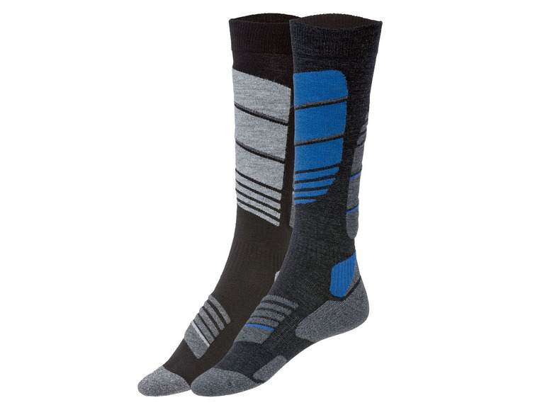 Zwei Paar Skisocken mit blauen und grauen Akzenten.