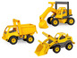 Drei gelbe Spielzeugfahrzeuge: ein LKW, ein Bagger und ein Lader.
