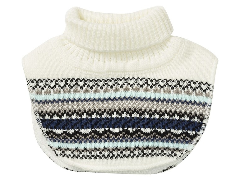 Weißer gestrickter Schal mit blauen und grauen Streifen.