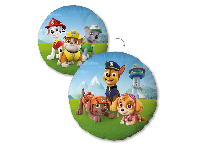 Zwei runde Kissen mit Paw Patrol-Figuren.