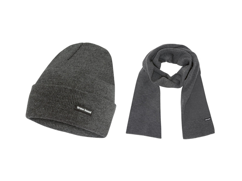 Eine graue Strickmütze und ein Schal von Bruno Banani.