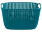 Ein tealfarbener Kunststoff-Aufbewahrungskorb mit Griffen.