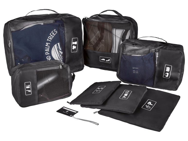 Schwarze Reisetaschen mit Mesh-Einsätzen für Kleidung und Schuhe.