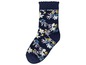 Ein Paar blaue Socken mit Blumenmuster.