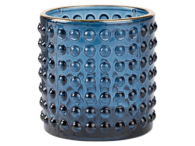 Ein blauer Glas-Kerzenhalter mit goldenem Rand.