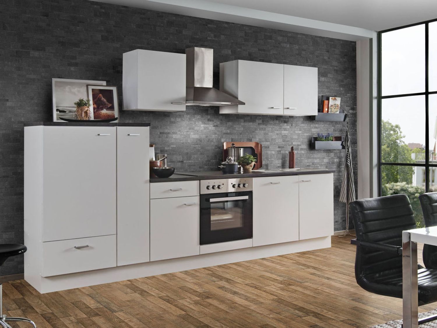 Menke Küchenzeile „Classic“ 270/280/300/310 cm (Geschirrspüler, frei Bordstein, Weiss matt, 310 cm) | 04039354115791