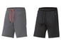 Zwei Paar Sport-Shorts: eine graue mit orangefarbenen Kordelzug, eine schwarze