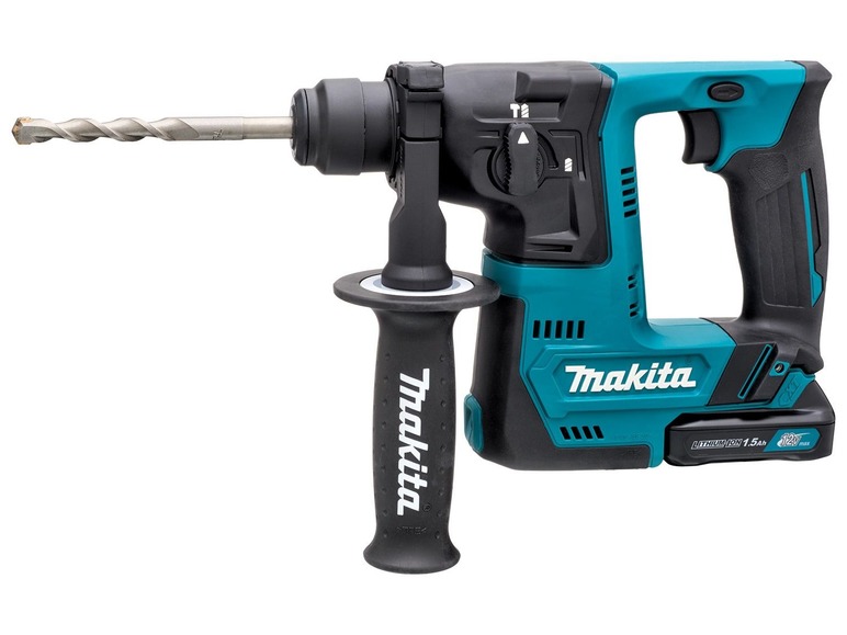 Ein blauer Makita Bohrhammer mit Akku.