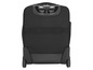Ein schwarzer Rollkoffer mit zwei Rädern.