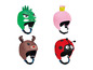 Vier Kinderhelme mit Tiermotiven: Dinosaurier, Prinzessin, Rentier und Marienkäfer.